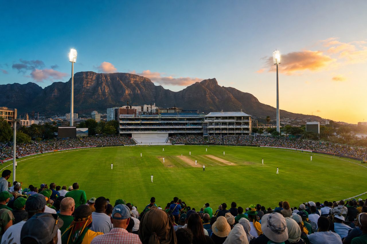 Men’s ODI cricket at a packed Cape Town stadium with Table Mountain behind, previewing the ICC Men’s Cricket World Cup 2027 in South Africa, Zimbabwe and Namibia