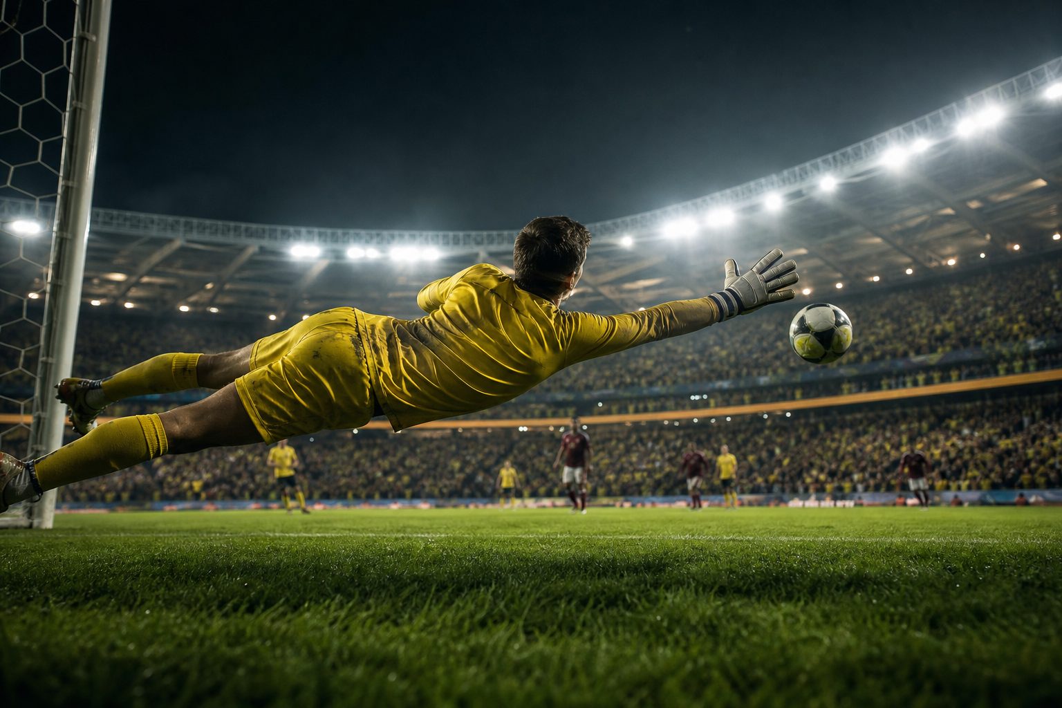 A World Cup goalkeeper diving to make a save under floodlights